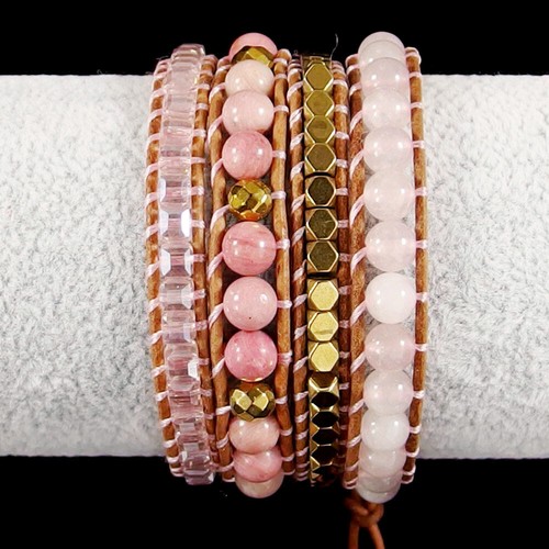 Handgefertigte Wraps Leder Boho Armband Natur Rosenquarz Rhodonit Kristall Perlen - Bild 3 von 3