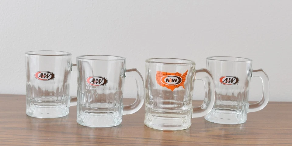 Juego de 4 tazas de vidrio de cerveza de raíz vintage A&W tazas de refrescos coleccionables 3-1/4" 4 fl oz Foto 2 de 4