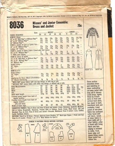 Vintage 1960s McCall's Sewing Pattern Women's DRESS & JACKET 8036 Sz 16 B 36" UC - Picture 2 of 4