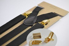 BLACK Elastic Suspenders Braces with Gold Golden Metal Clips Men Youth Boys Kids