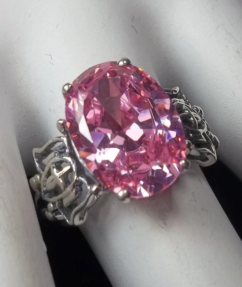 Anillo de circonita rosa, gema ovalada de 5 quilates, filigrana de plata esterlina con cruz de ángel D112 Foto 3 de 4