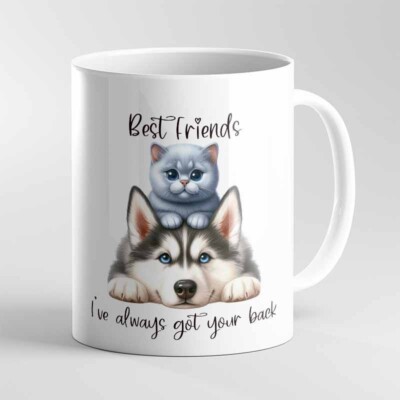 Beste Freunde, Personalisierte Tasse, Katze und Hund, 11 Unzen Keramik Weiß Becher Secret Sant