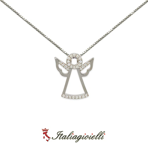 Collana Angelo Custode Brillante in Argento 925 Rodiato Oro Bianco - Immagine 4 di 4