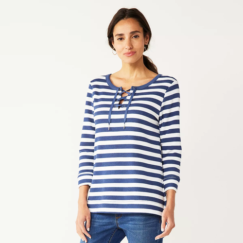 Women's Size Medium Croft & Barrow Lace-Up Sweatshirt Navy Stripe Retail $36.00