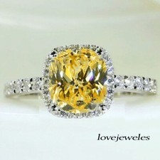 2.40CT Cushion Cut Real Citrine Engagement Wedding Halo Ring Gift 925 Silver