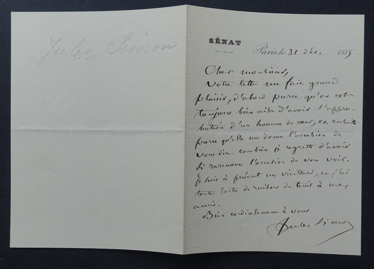 Jules Simon - Lettre Autographe Signée (1885) - Philosophe Et Homme D'État - Manuscrit Original