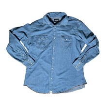 Wrangler Mens Denim Western Pearl Snap Shirt Blue Long Sleeve Medium Wash XL