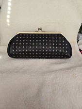 GHD England Black Vegan Leather, Brass Studded Clutch Bag Kiss Lock 