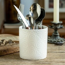Image of Ceramic Utensil Holder Embossed Storage Flatware Modern Container