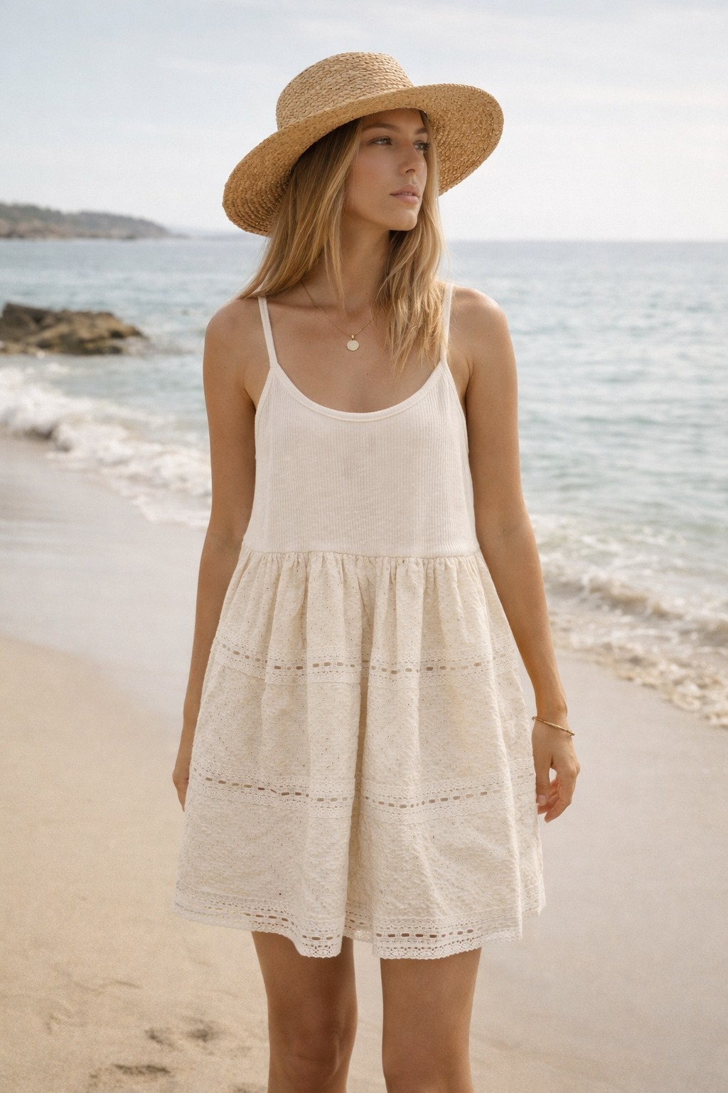 POL Cream Minimalist Mini Dress with Eyelet And Lace Skirt