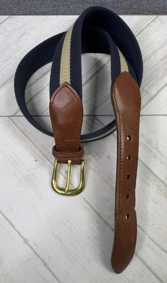 Cinturón Coach de sarga de cuero para hombre talla 32" azul marino beige rayas preppy carrera 3880 Foto 2 de 4