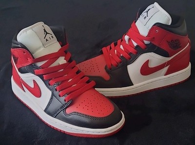 Jordan Air Jordan 1 Mid Bred Leather Sneaker Red Black White Men's Athletic