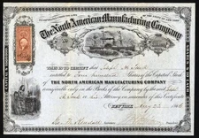 1866 NY - North American Manufacturing Co - Sewing - EX RARE Stock Certificate