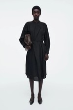 COS Women's Draped Belted Midi Shirt Dress Black Basic Sleeved 8 NWT Minimalist 
