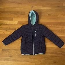 Eddie Bauer Hooded Fleece Lined Puffer Jacket Navy Blue Light Blue Unisex Kids S
