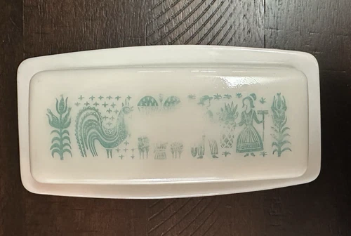 Vintage Pyrex Amish Butterprint Butter Dish And Lid Rooster Turquoise Blue White
