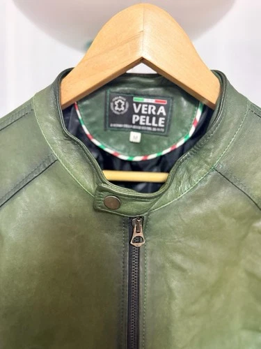 Vera Pelle Men’s Green Genuine Leather Moto Biker Jacket Made in Italy Size M - product listing photo