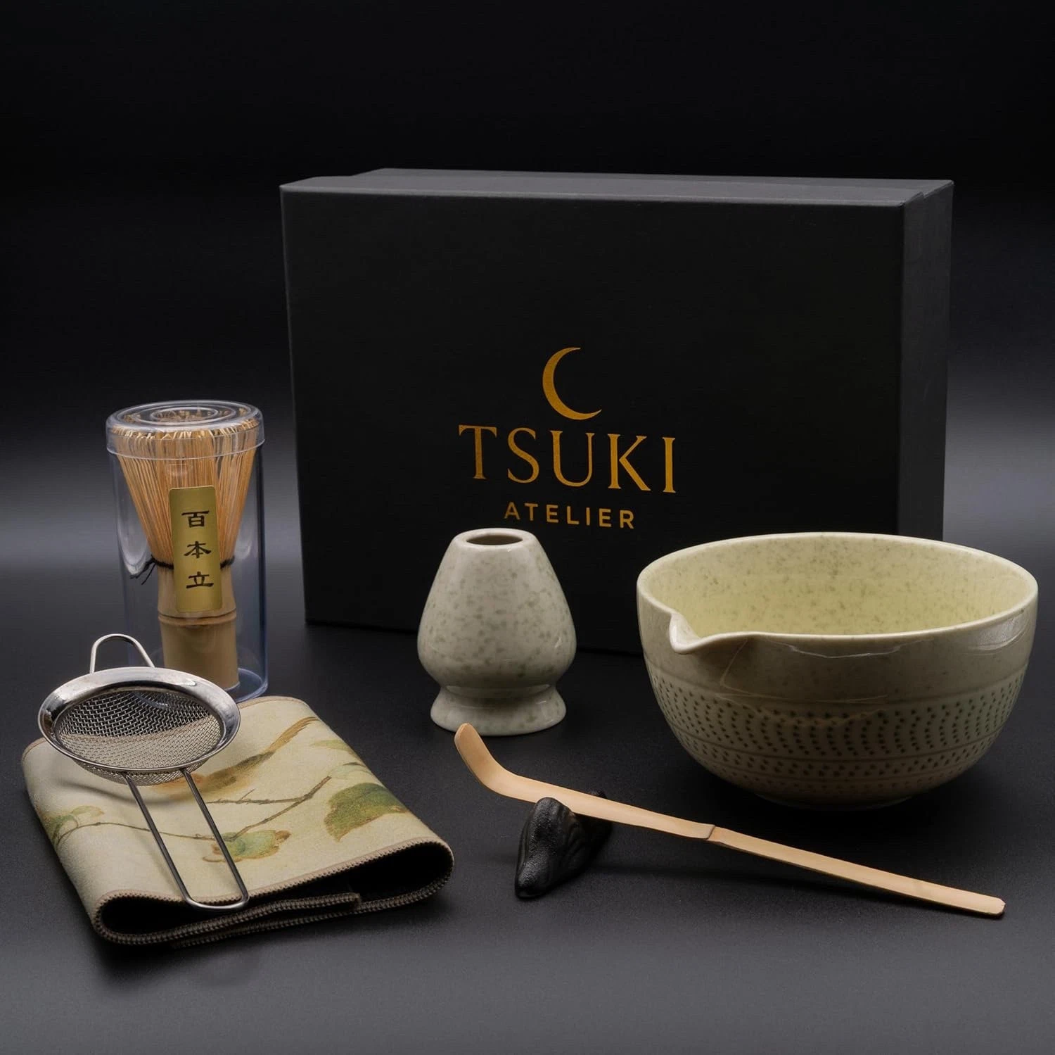 NEW 7pc Matcha Whisk Set Ceramic Bowl Holder Scoop Sifter Elegant Tea Kit Gift