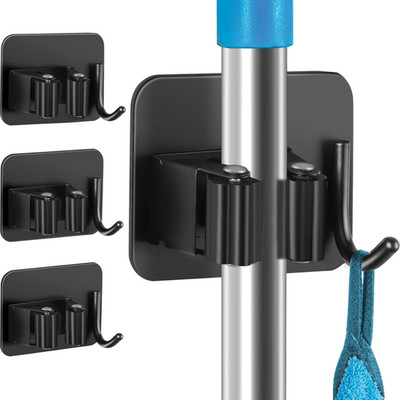 4 Porta Escobas Negros de Acero Inox Antideslizantes para Pared Alta Calidad