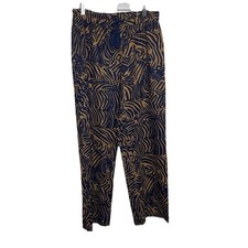 Joie Navy Blue Brown Linen Blend Mid Rise Wide Leg Pull On Elastic Pants Size M