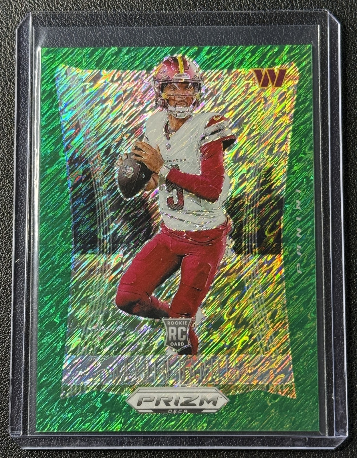 JAYDEN DANIELS 2024 PANINI PRIZM DECA 295 GREEN SHIMMER FOTL RC ROOKIE JSY# 5/12