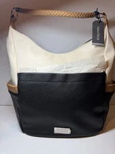 Nautica Port O Call Hobo Bag Purse Handbag Black Tan Ivory Braided Strap Zip NWT