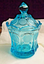 Vintage Fostoria Aqua Ice Blue Coin Glass Covered Jar W/ Lid Candy Dish