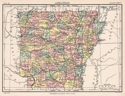 ARKANSAS. Staatskarte. Landkreise/Eisenbahnen.Little Rock. Britannica 9th ed. 1898
