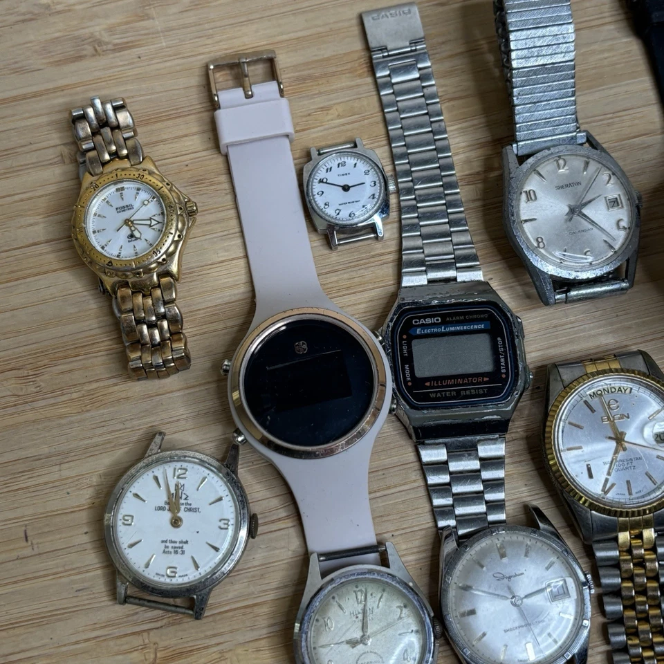 Untested Vintage Mens Watch Lot - Timex Casio Elgin Hilton Fossil Caravelle - Image 4 of 4