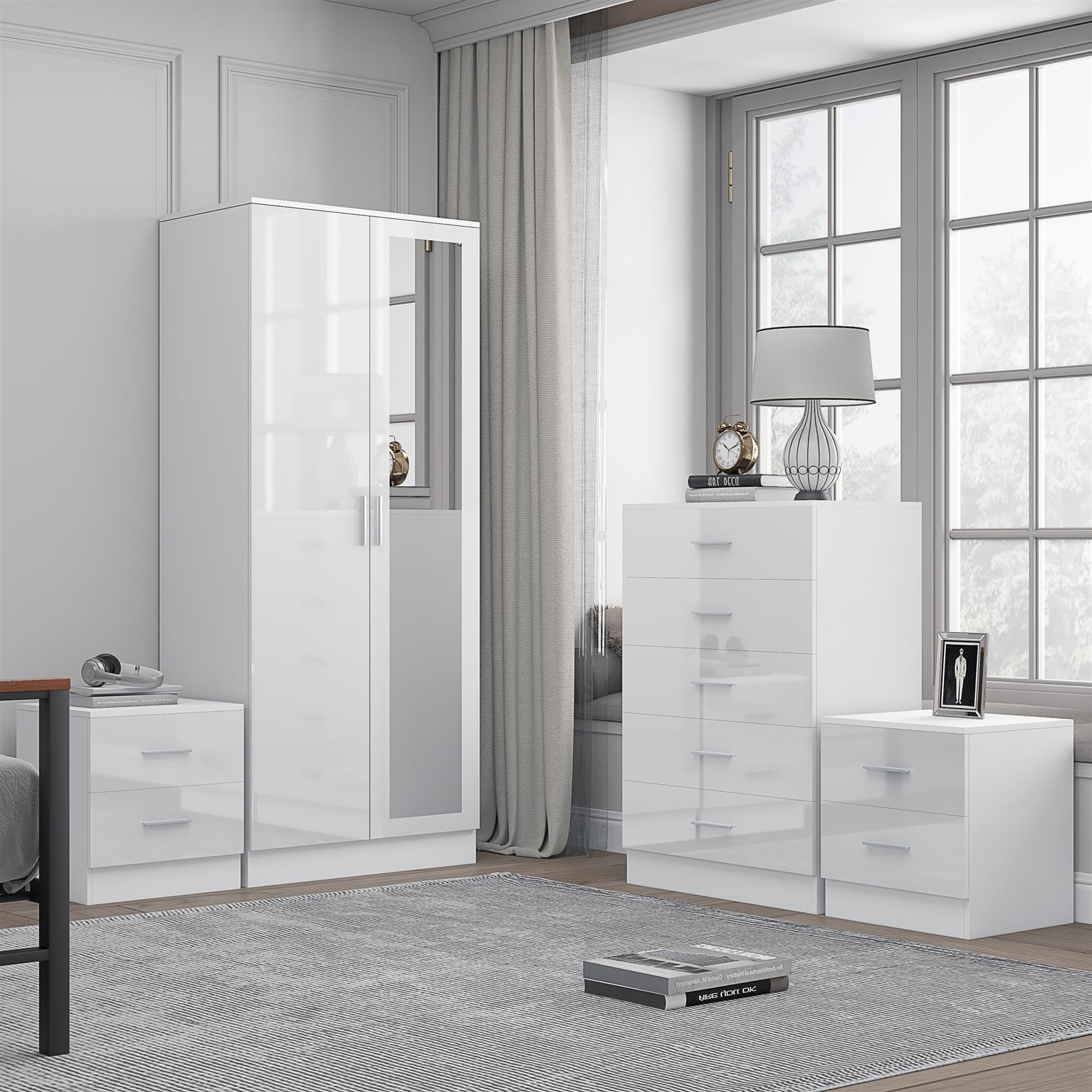 B&Q - 2 Door Mirror Wardrobe5 Drawer Chest2X 2 Drawer BedsidesWhite Gloss & Matt WhiteModern Bedroom Furniture Set - Image 5