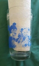 SWANKY SWIG SMALL GLASS JUICE+ TEDDY BEARS PIGGY BANK BLUE Kraft Hazel Atlas Mfr