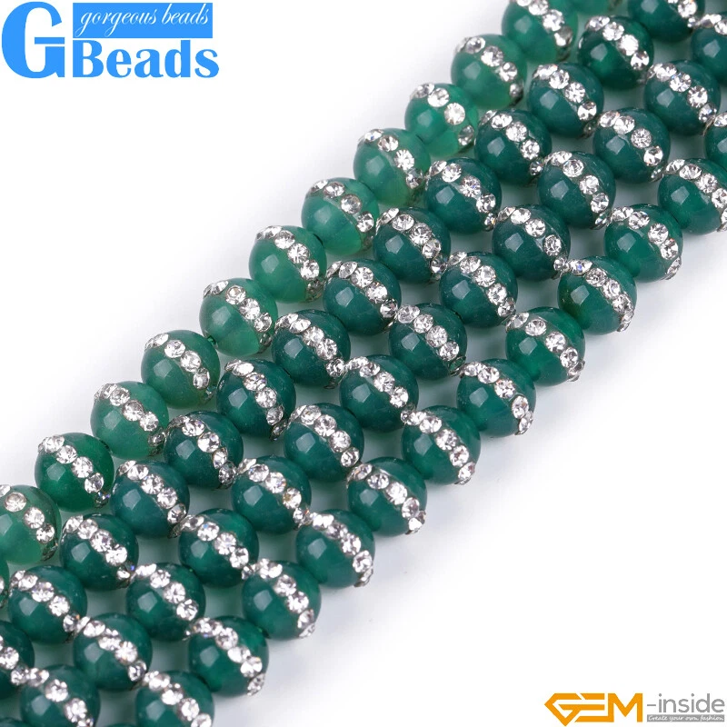 Cuentas redondas con incrustaciones de diamantes de imitación pavimentados de cristal de ágata verde para hacer joyas de 15" Foto 4 de 4