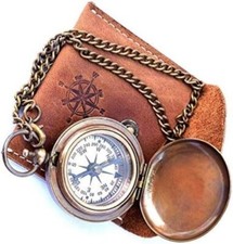 Handmade Nautical Brass Push Open Compass On Chain with Leather Case Pocket