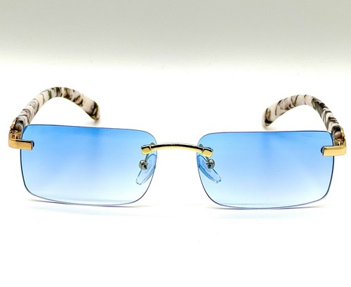 Herren Vintage Gold Gestell Randlos Hip Hop Schwarz Holzmaserung Klare Gläser Brille - Bild 69 von 104