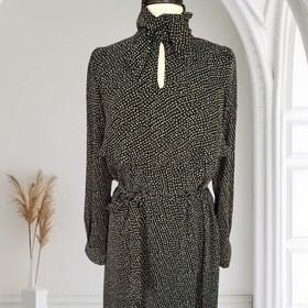 Lise Charmel France Maxi Dress Sz S Long Sleeves Black Tiny Print Modest Rare