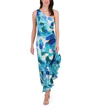 Eliza J EJ5M4281 Floral One Shoulder Ruffle Hem Midi Dress Sz 4 Blue $198