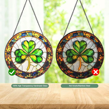Ireland Shamrock Stained Glass Window Hanging Suncatcher with Chain - 7.9" Cl...