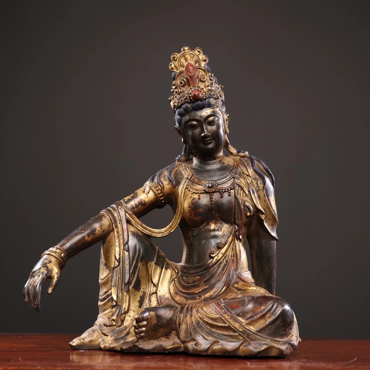 仏教美術 時代老竹彫刻 聖観音立像（唐木台）／中国古玩・清朝・李朝