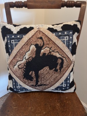 Vintage Cowboy Bucking Bronco Western Cow Print Tapestry & Faux Leather Pillow