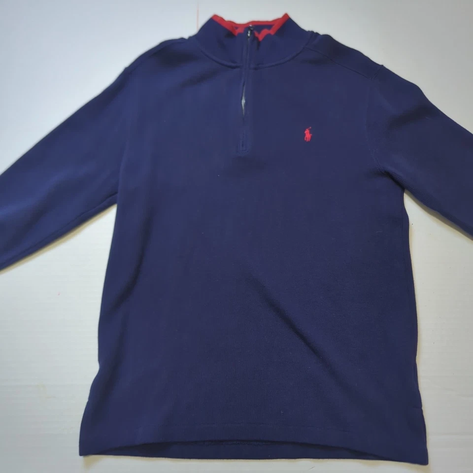 New Ralph Lauren Polo Boy's Sweater 1/4 Zip L 14-16 Blue Red Mock Neck Pony Logo - Image 2 of 4