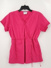 Butter-Soft Scrub Top Womens Color Magenta Tie Waist Short Sleeve V Neck Ruffled