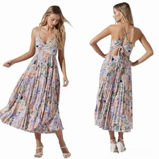 NWT ASTR THE LABEL Blythe Floral Plisse Midi Dress Open Back-BOW-Ties Pleated M