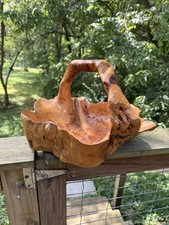 Vintage Burlwood Knot Carved Basket Bowl w/Handle