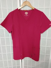 Dickies Scrub Top Shirt Women's S Red Short Sleeve Pocket Uniform Stretch