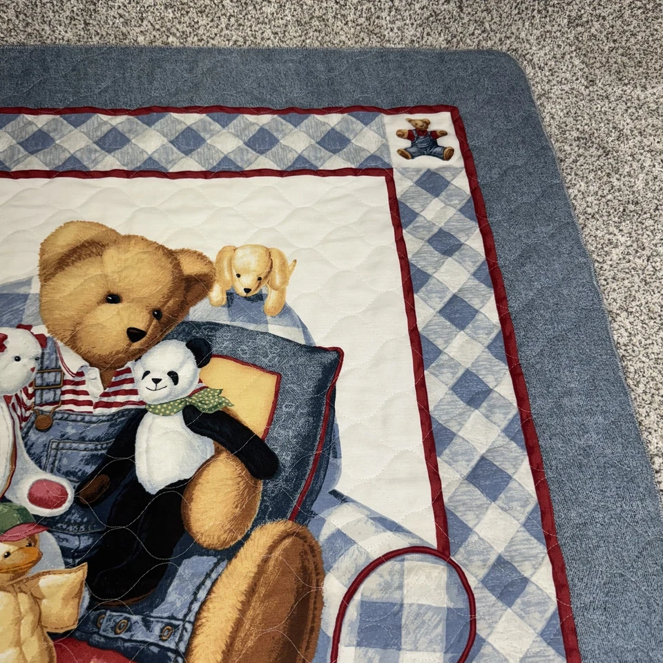 Manta acolchada vintage azul Jean oso de peluche a cuadros tiro infantil reversible años 90 Foto 3 de 4