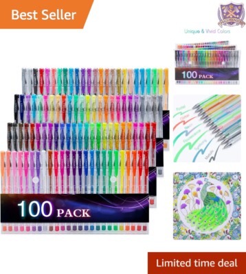 100 Vivid Gel Pens Set for Adults - Glitter, Neon & Metallic Colors Included