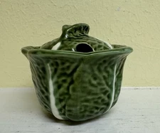 Vintage Small Green Cabbage Leaf 4”h x 5”w Condiment Bowl w/Lid — Portugal