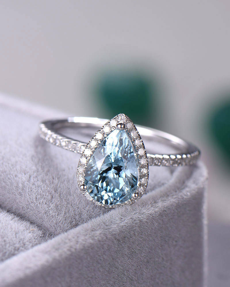 3Ct Pear Cut Blue Aquamarine Simulated Diamond Accent Ring 14K