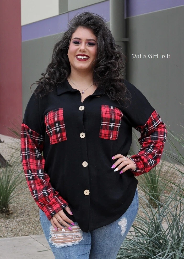 New PLUS SIZE Womens RED BLACK PLAID BUTTON DOWN SHIRT SHACKET POCKETS 1X  2X 3X