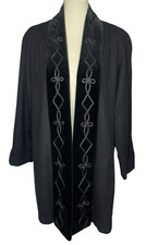 Vintage JaD 100% Wool Black Coat Velvet Collar Embroidered Open Front Formal 12?